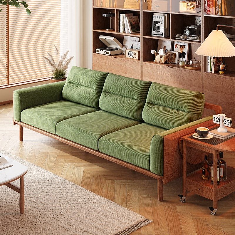 布艺沙发简约f现代原木风客厅小户型高靠背转角三人位直排实木沙