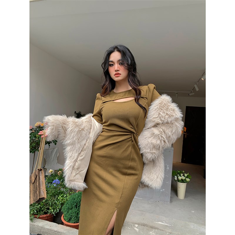 楠哥微胖纯欲气质针织洋装女秋冬季大尺码胖mm修身显瘦开叉长裙子