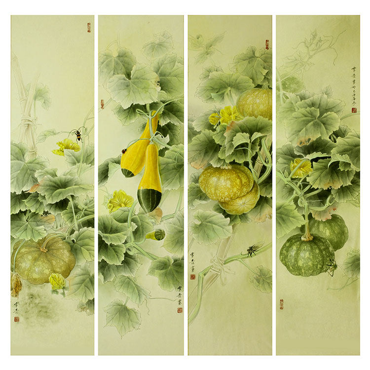 工笔画白描底稿实物勾线打印稿龚雪青南瓜花鸟四条屏XQ70