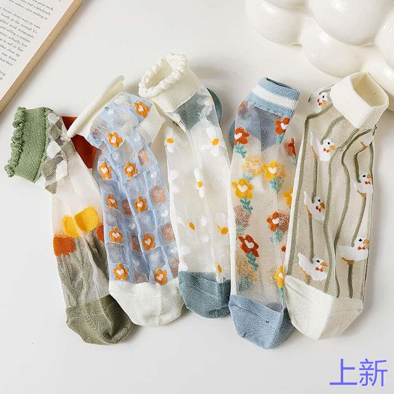 花边袜子女短袜浅口超薄玻璃丝夏水晶季可爱冰丝小花薄款船袜新款