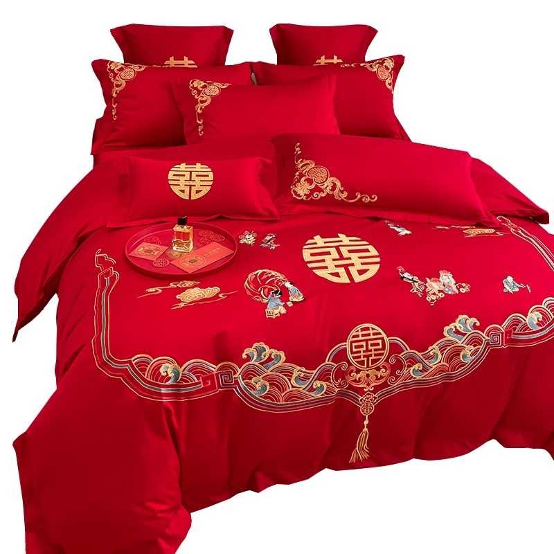 中式刺绣结婚四件套大红色婚房被套全棉婚庆床上用品六件套,床上用品,婚庆床品套件,淘宝优惠券,粉丝福利购,淘宝优惠卷