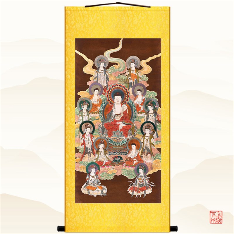 释迦牟尼佛圆觉经十二菩萨画像 如来佛祖佛像画 丝绸卷轴挂画