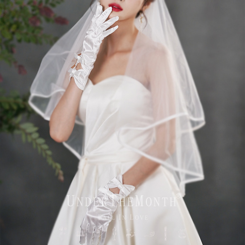 新品新娘结婚白色婚纱礼服手套蝴蝶结短款缎面手套婚纱照旗袍配饰