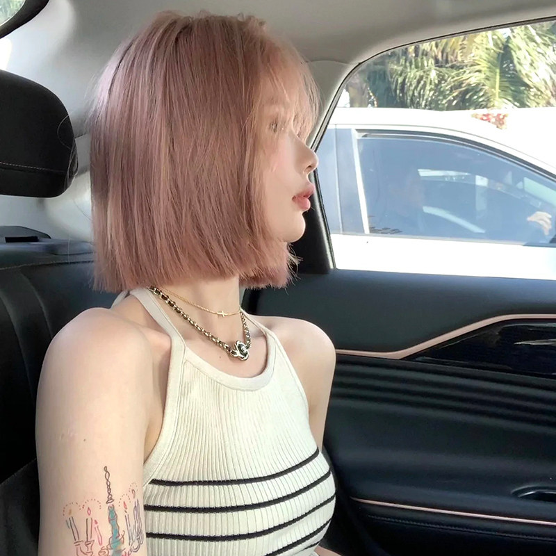 小蜗牛新款粉金一刀切假发短发全头套女浅色发色女团bobo头短直发
