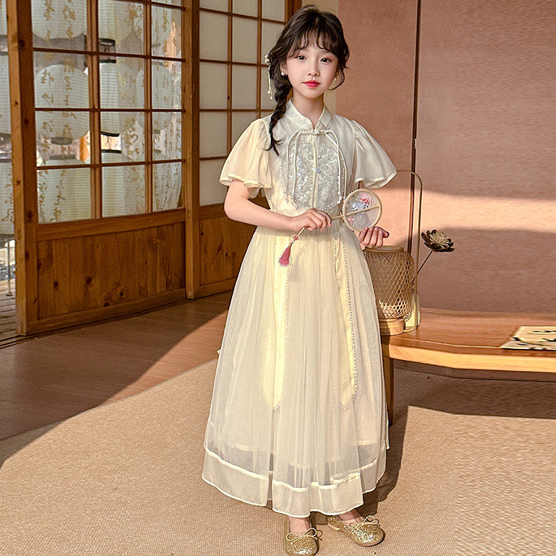 现货女童汉服夏装2024新款套装儿童中国风连衣裙女孩新中式改良公