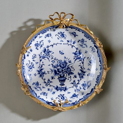 欧式青花陶瓷墙壁装饰盘子挂件高档奢华陶瓷镶铜餐厅壁饰挂盘