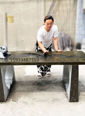青石板茶台室外天然石雕吸水兽青石茶几桌子办公室流水摆件火锅桌