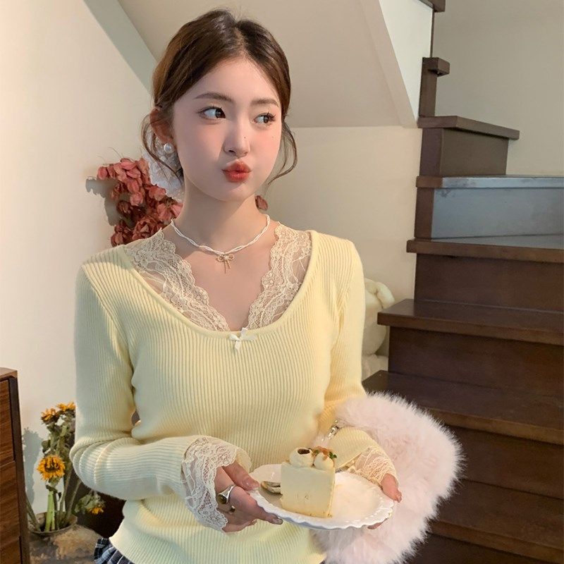 黄色低圆领蕾丝边针织打底衫女内搭2024秋冬新款毛衣春秋甜美上衣,女装/女士精品,毛针织衫,淘宝优惠券,粉丝福利购,淘宝优惠卷