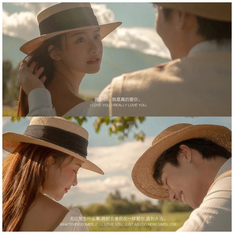 法式英伦复古婚纱照外景旅拍道具帽子夏天编织平顶礼帽复古沙滩帽