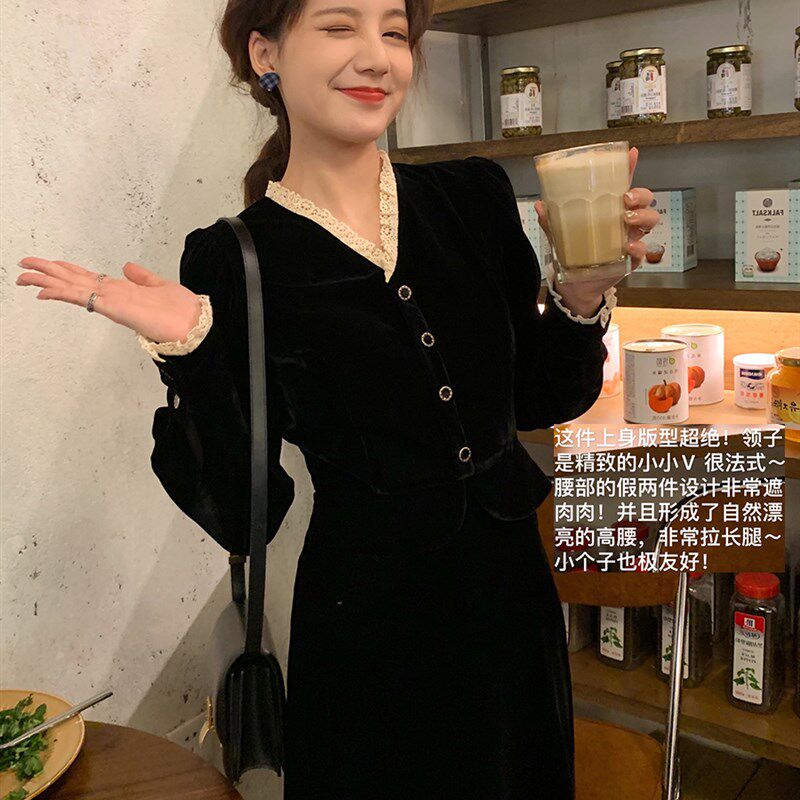 秋装新款赫本h风收腰塑身金丝绒洋装高端衣服名媛御姐长裙