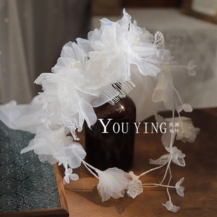 优颖轻盈质感绢纱立体烫花法式蓬A蓬头纱新娘头饰婚纱跟妆旅拍配