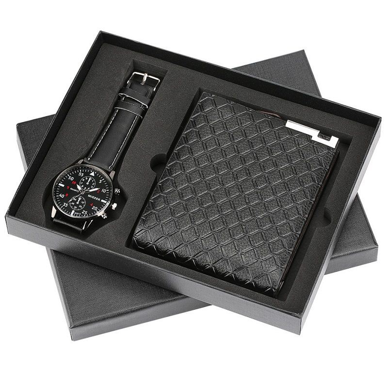 速发Quartz Wrist Watch Leather Wallet Gift Set for Boyfriend