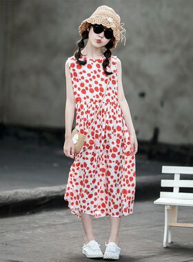 潮牌1212女童连衣裙夏季背心裙韩版长裙中大童洋气圆点沙滩裙子