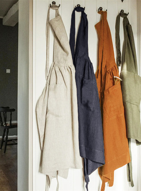 亚麻围裙女日式画画美术生奶茶店森系百褶裙摆定制Rlogo印字工作