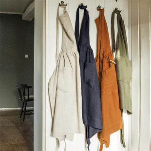 亚麻围裙女日式画画美术生奶茶店森系百褶裙摆定制logo印字工作服