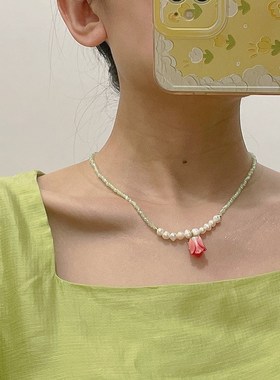 森系花朵吊坠珍珠项链女夏季网红超仙锁骨链手作小众X设计水晶颈
