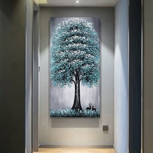 纯手绘油画肌理画发财树摇钱树装饰画玄关绿色系竖版过道走廊大树