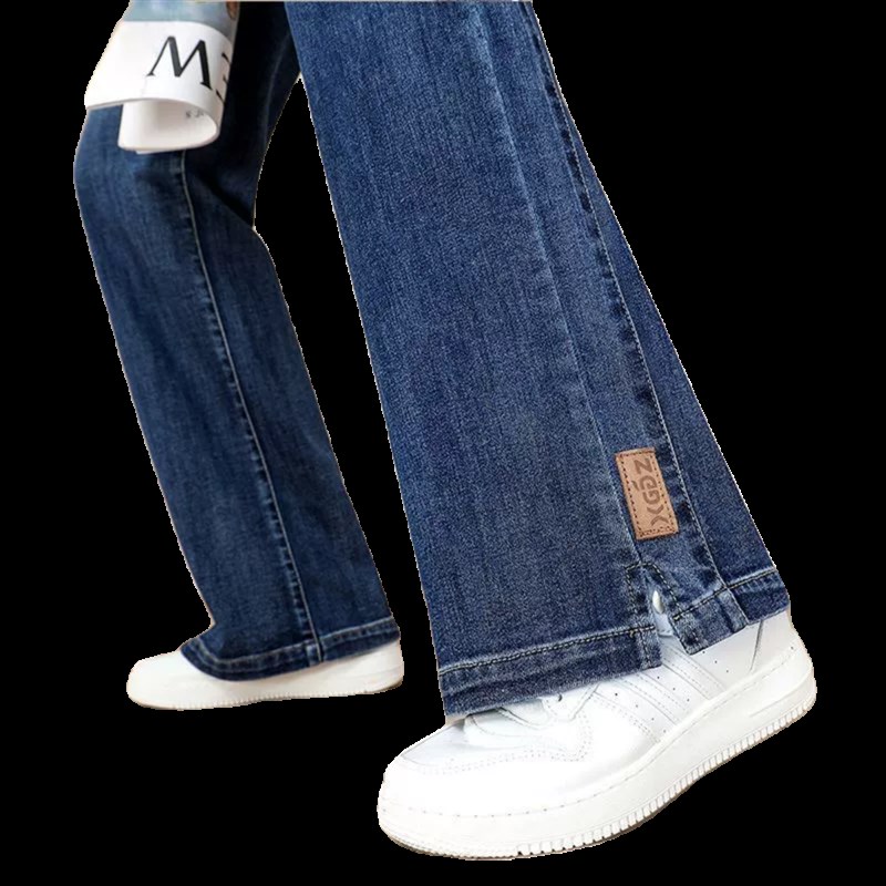 加长版开叉窄版牛仔阔腿裤女春秋高腰弹力直筒裤高个子拖地长裤子