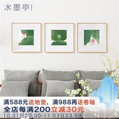 新亭现代茶室客厅背景墙挂画水墨中式餐厅民宿荷叶绿色装饰画日式