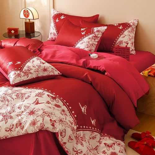 高档新中式婚庆四件套全棉印花新婚陪嫁纯棉被套床单结婚床上用品