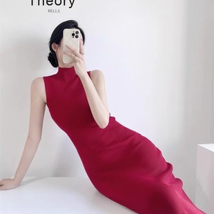 红色连衣裙内搭半高领无袖 修身 打底针织长裙女 新款 高端定制