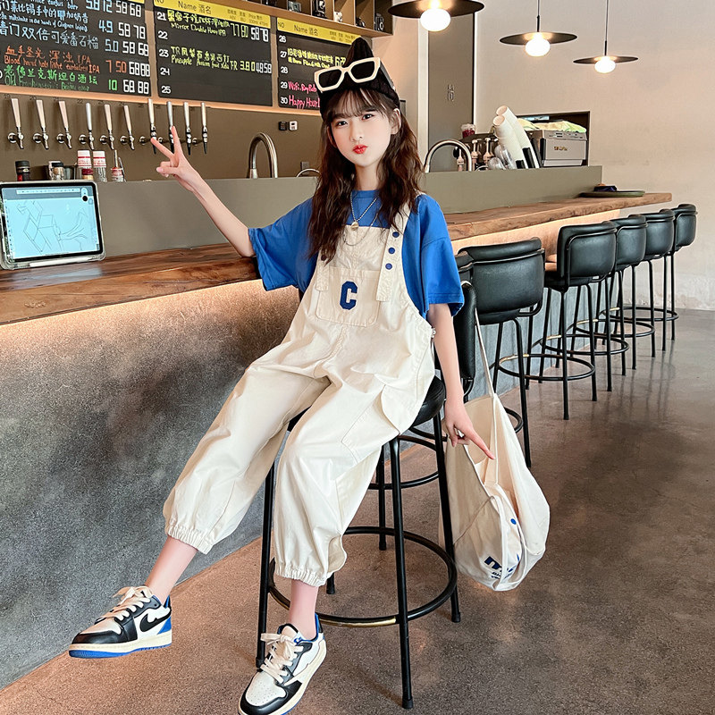 潮牌女童夏装套装2023新款儿童韩版洋气中大童时髦背带裤夏季两件