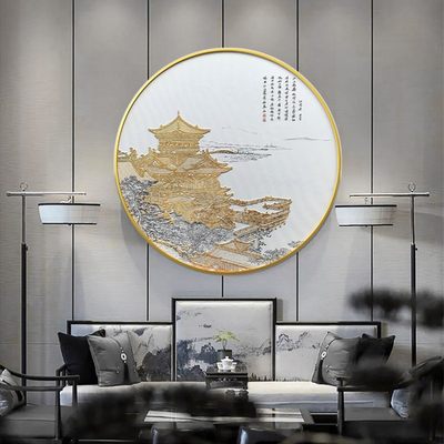 新中式玄关立体浮挂装饰画客厅壁画面国风沙发背景墙W墙中雕画圆