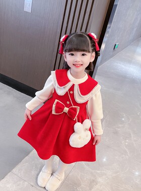 女童洋装2023冬装新款冬季长袖套装秋冬小女Q孩洋派儿童公主裙女