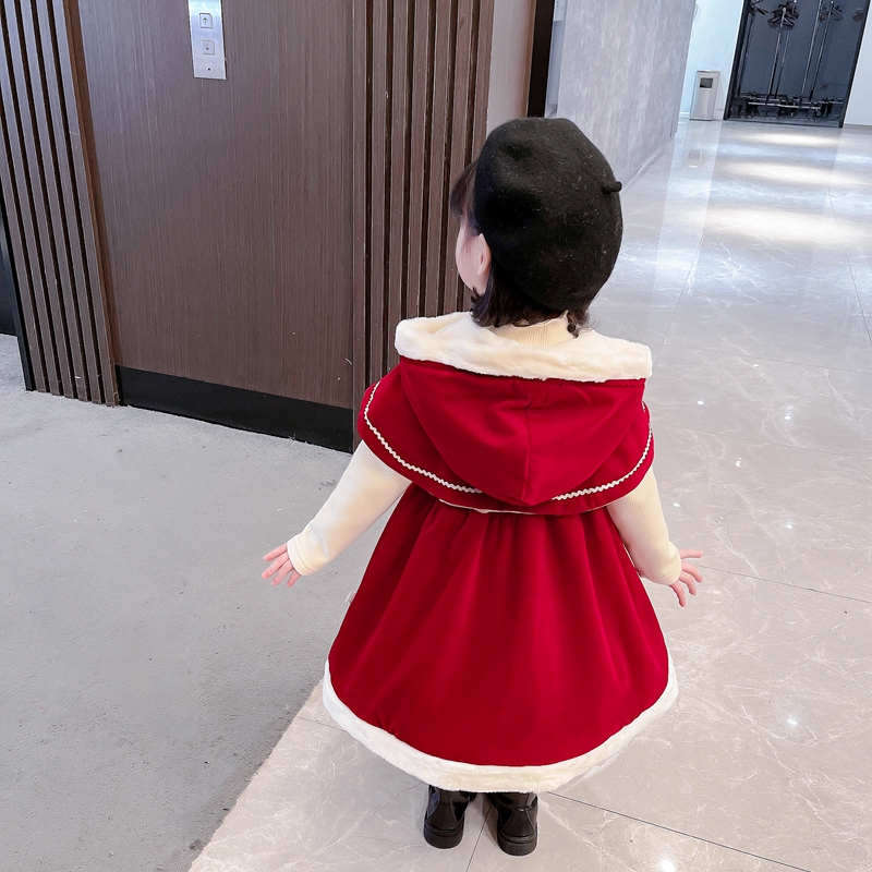 女童秋冬季洋装披肩加厚耶诞中小童连帽喜庆小Q红帽宝宝公主礼服