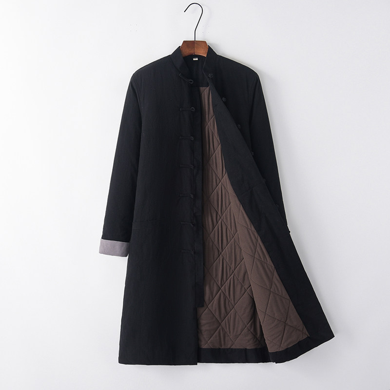 中式唐装男c青年长版棉袄冬季加厚保暖风衣外套道袍居士汉服中国