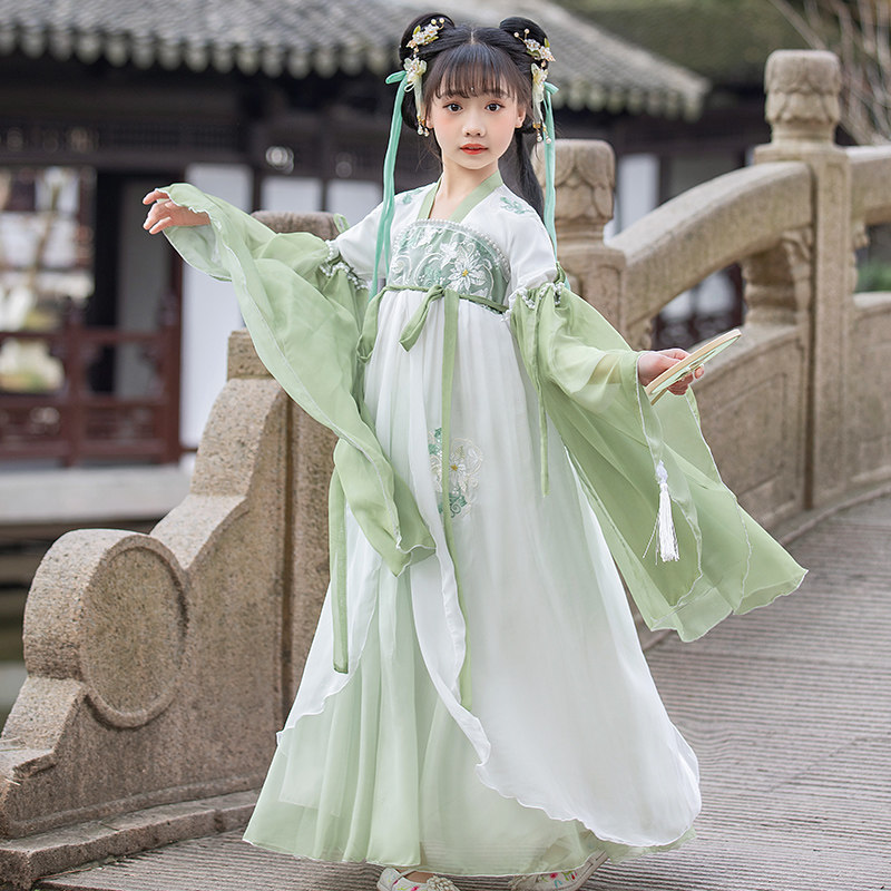 现货汉服女童春夏中国风唐装夏装儿童古装超仙绿色襦裙.古风连衣