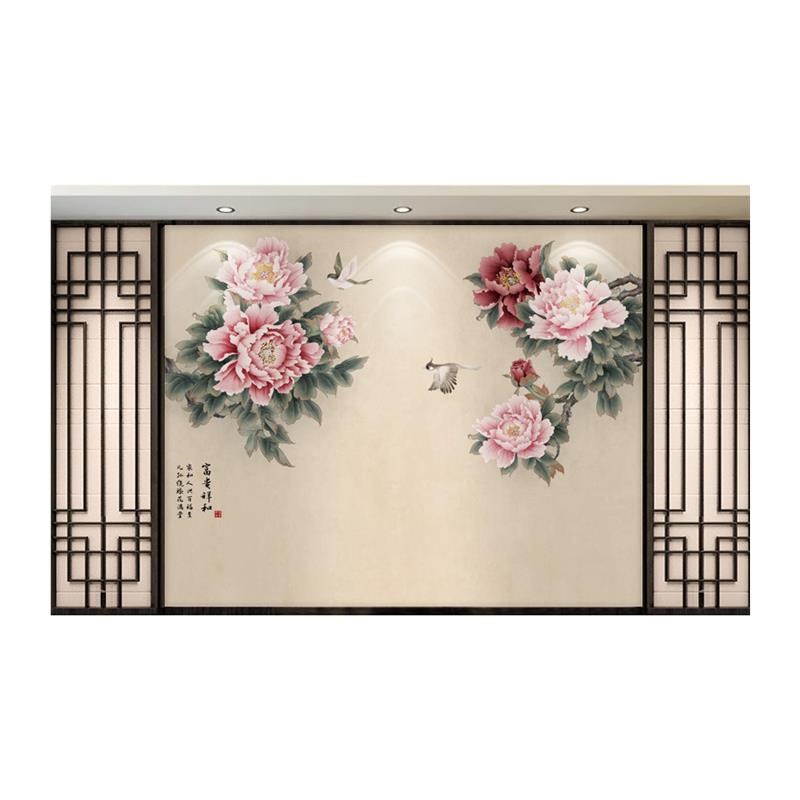 牡丹壁布古典花鸟国画墙纸客厅电视D背景墙壁纸新中式墙布花开富