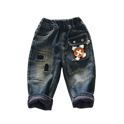 男童牛仔裤e加绒加厚2023新款冬季儿童裤子潮酷帅气宝宝冬装一体