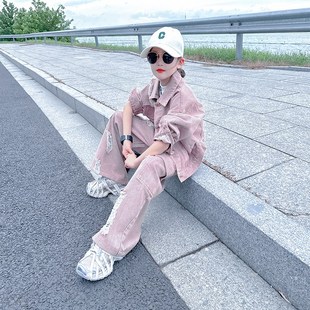 女大童春秋装牛仔套装2024新款儿童洋气炸街韩版工装阔腿裤两件套