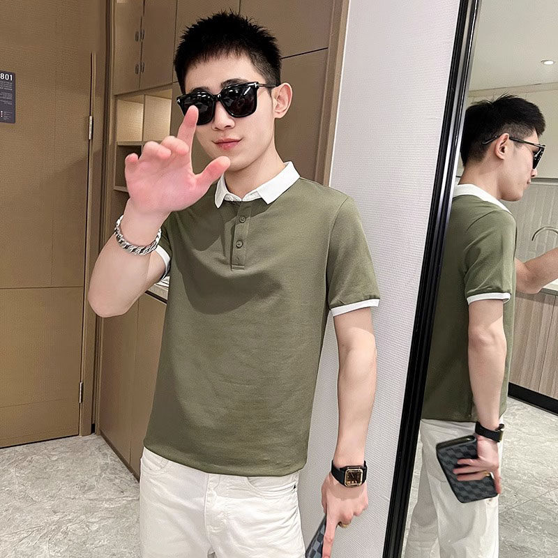 潮牌夏季短袖纯色polo衫男港风ins拼色修身时尚青少年半袖翻领t恤