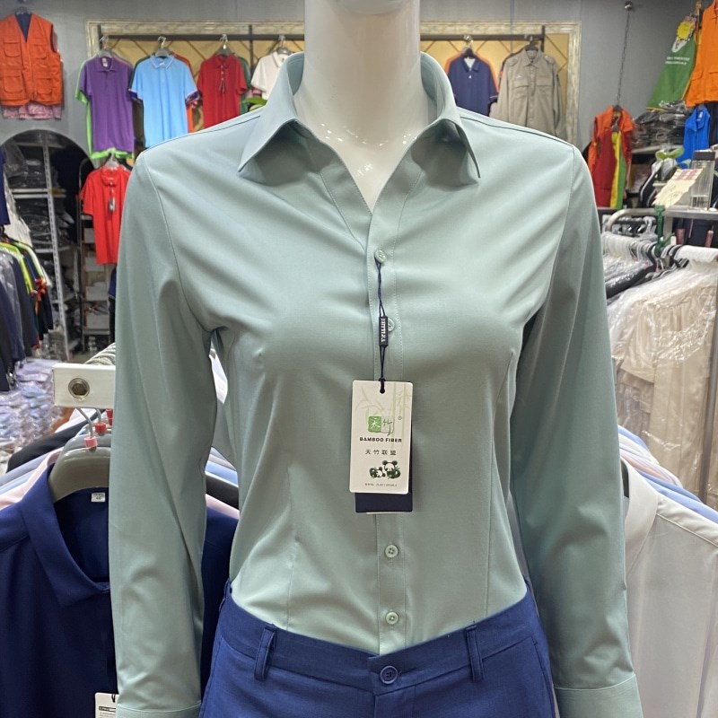 现货V领薄荷绿衬衫女p竹纤维免烫防走光职业装酒店公司工作服长袖