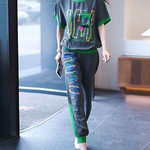 潮牌夏季新款大码休闲运动套装女装时尚百搭短袖T恤九分裤两件套