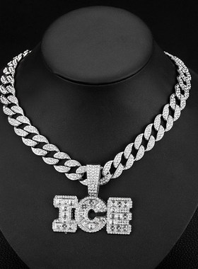 欧美个性新品玻璃钻字母ICE吊坠C小众嘻哈风潮百搭首饰表扣古巴链