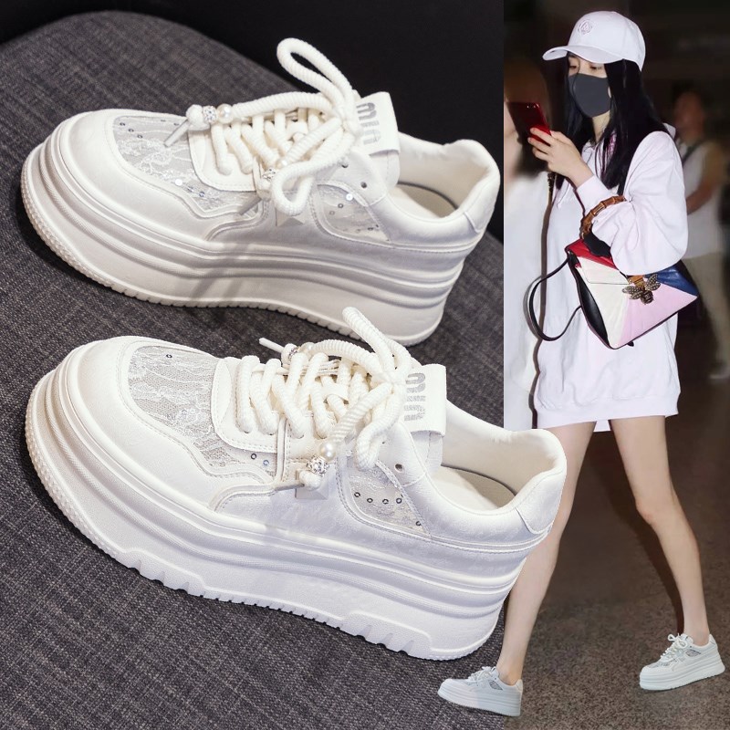 小白鞋女2024新款夏季鞋子女百搭爆款透气网面真皮松糕厚底板鞋