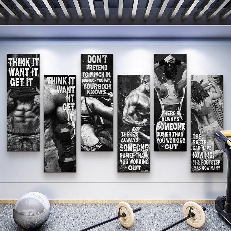 健身房装饰画黑白风肌肉男美女运动励志墙面壁画健美海报宣传挂画