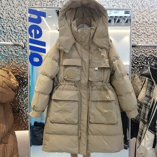 2022年冬季新款韩版工装羽绒服女中长款收腰加厚连帽冬天时尚外套