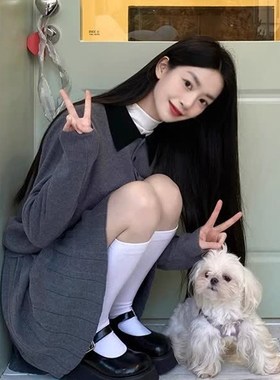 韩系学院风灰色休闲套装女2v024秋季长袖针织衫百褶短裙减龄两件