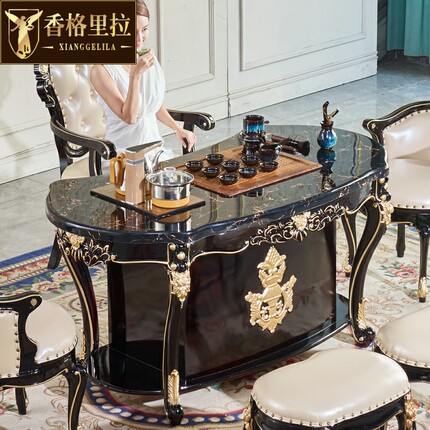 欧式茶水桌别墅客厅家用实木大理石茶桌椅功夫茶台一体茶几多功能