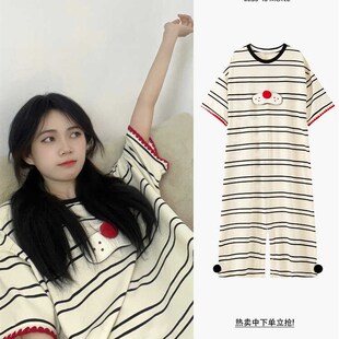 可爱条纹酷猫连体睡衣女2024新款夏季设计感大码网红风睡裙可外穿