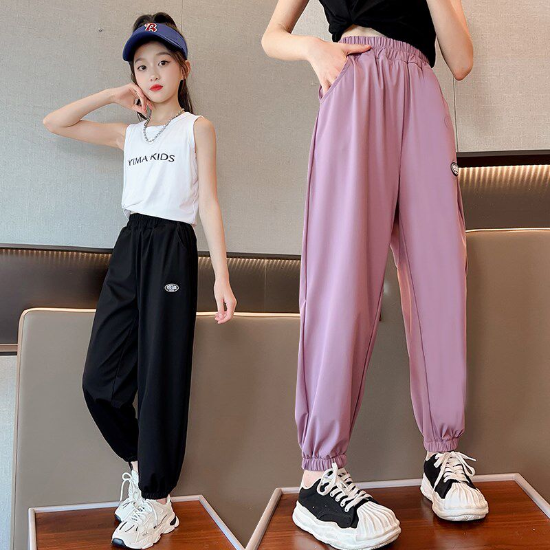韩国女童夏季裤子薄款夏天儿童运动裤夏款宽松大女童冰丝防蚊裤黑