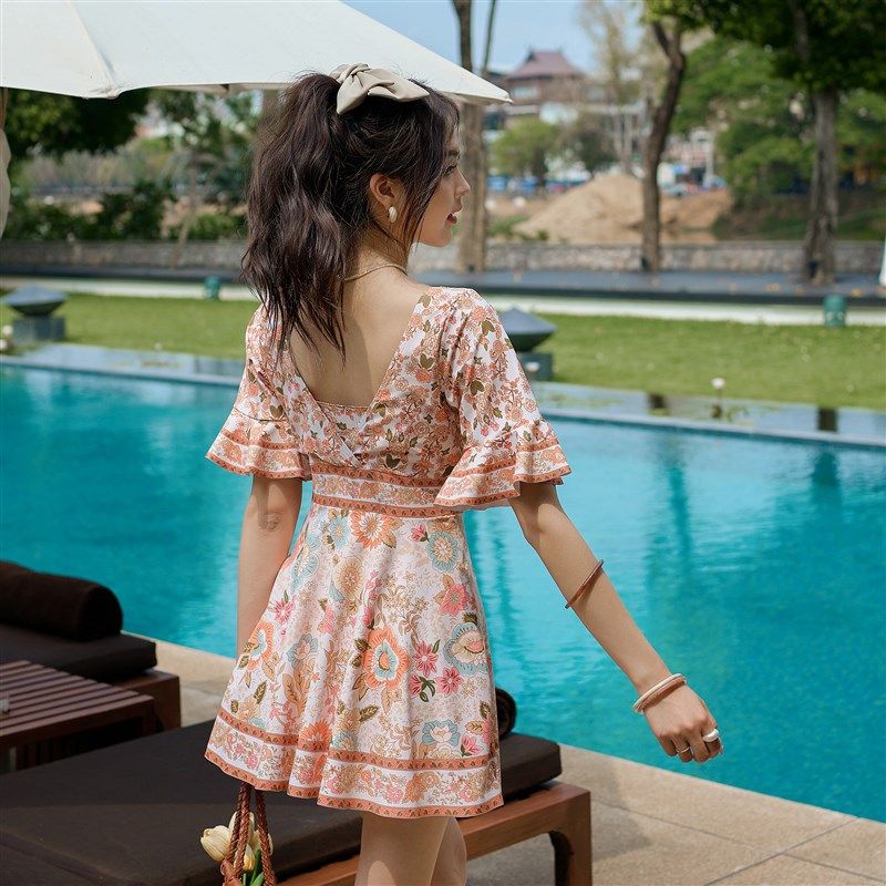 情侣泳衣保守连体大码裙式显瘦遮肚游泳装印花休闲沙滩裤温泉冲浪