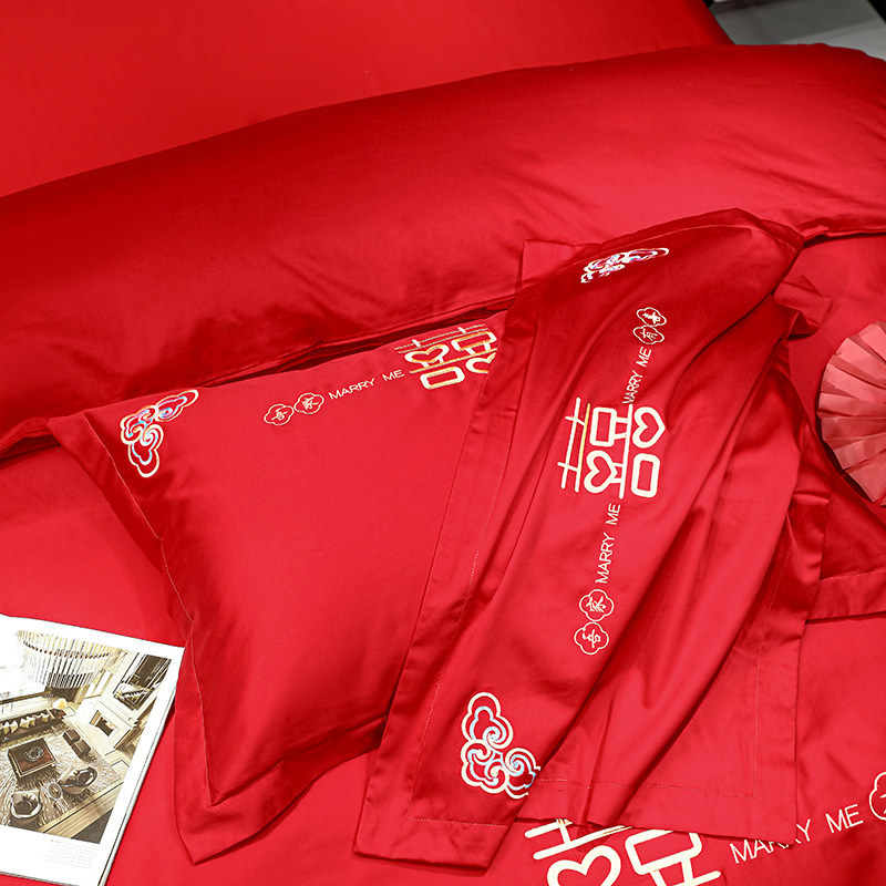中式婚庆四件套100支长绒棉大红色全棉刺绣结婚被套床单床上用品4,床上用品,婚庆床品套件,淘宝优惠券,粉丝福利购,淘宝优惠卷