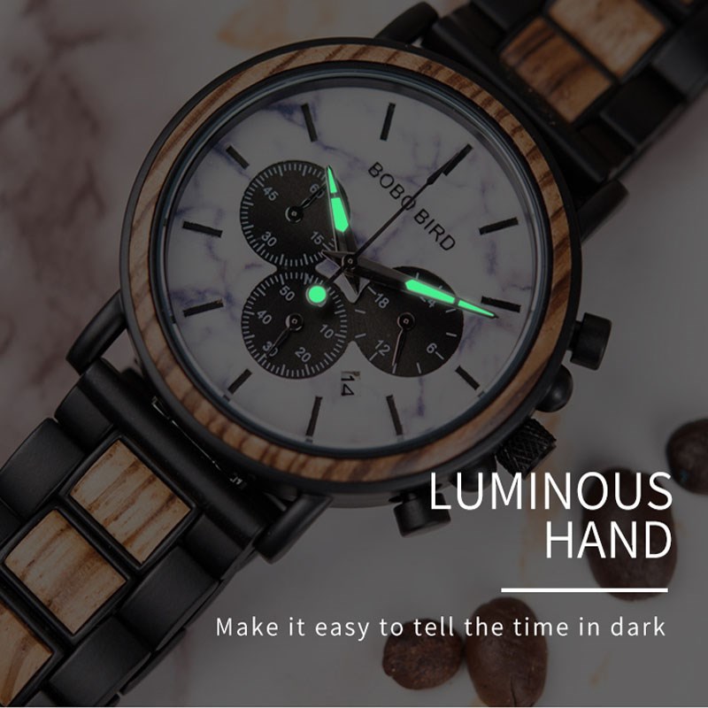 BOBO BIRD Marble Wooden Watch Men Stopwatch Wristwatch Male