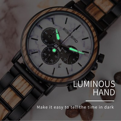 BOBO BIRD Marble Wooden Watch Men Stopwatch Wristwatch Male