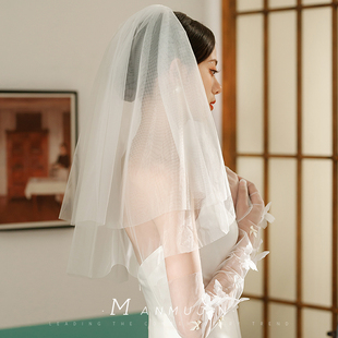 法式简约百搭短款双层素头纱求婚拍照新娘小白裙结婚登记领证头饰